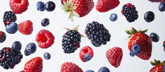 Wall Mural - Flying fresh mix of berries featuring red raspberries, strawberries, blackberries, and blueberries isolated on a white background.