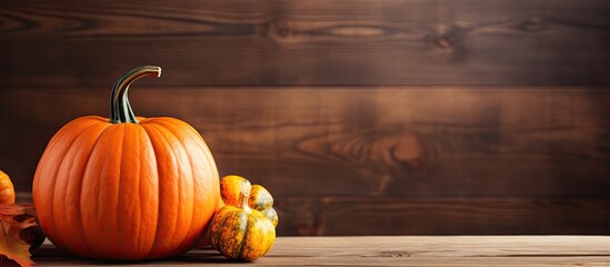 Aufkleber - Close-up of a Halloween pumpkin with copy space on a rustic wooden surface, conveying a Thanksgiving background concept using local produce pumpkins in autumn.