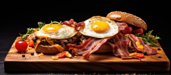 Wall Mural - Wooden chopping board with cheese bacon burgers and eggs inside, displaying various spice flavors in a copy space image.