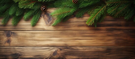 Poster - A Christmas fir tree displayed on a wooden board with copy space image.