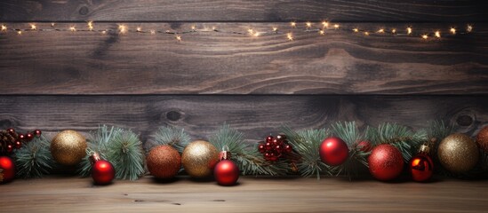 Poster - Festive Christmas backdrop featuring garland, snow, and decorations on a wooden table with a Christmas tree branch, creating an ideal copy space image.