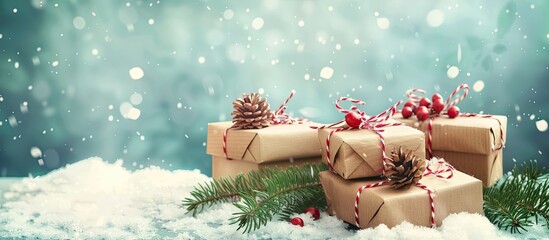Aufkleber - Gift boxes wrapped in kraft paper, adorned with spruce branches, set against a snowy backdrop, providing a festive copy space image.