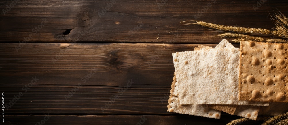 Matzah pack displayed on a rustic wooden backdrop with ample copy space ...