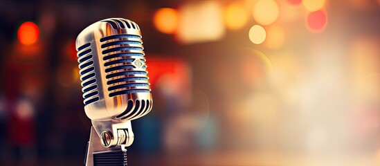 Poster - Vintage microphone against a vibrant blurred background with copy space image.