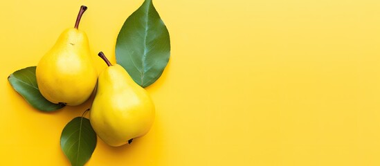 Leinwandbilder - Close up view of a single ripe pear on a vibrant yellow background, embodying an autumn fruit theme with a flat lay, top view and ample copy space image.