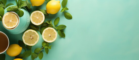 Aufkleber - Top-down view showcasing a delightful tea arrangement with fresh lemon and mint, complete with a teapot, against a background featuring ample copy space image.