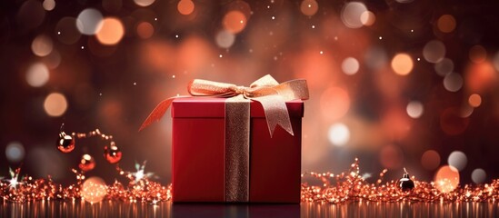 Poster - A Christmas gift box surrounded by conifer branches and glowing lights against a red backdrop with ample copy space image.
