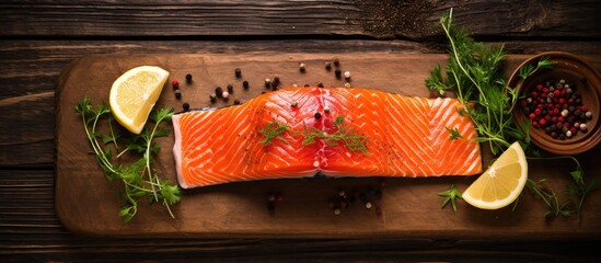 Leinwandbilder - Top view of a raw, fresh fillet of red salmon seafood on a rustic table setting with copy space image in the background.