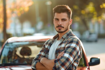 Man Standing By Car. Handsome Latin Driver in Casual Attire Making Eye Contact