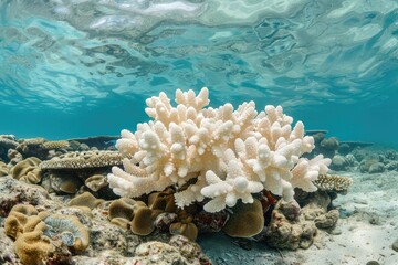 Photo of bleached coral in the sea , global warming , Generative AI