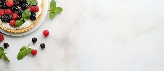 Leinwandbilder - Top-down view of a homemade tart adorned with cream, strawberries, and mint leaves on a white stone backdrop, perfect for custom designs with copy space image.
