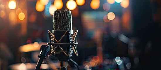 Poster - Microphone set up in a sound studio with a copy space image available.