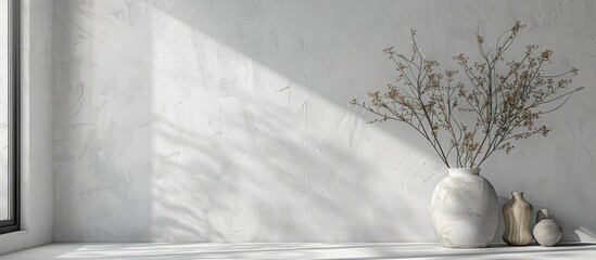 Poster - The wall has a smooth white plastered texture, creating a clean and elegant backdrop for your copy space image.