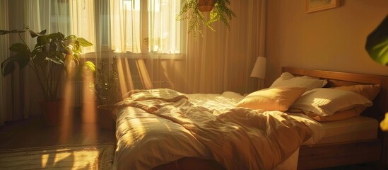 Poster - Cozy bedroom with a huge bed and pillows. with copy space image. Place for adding text or design