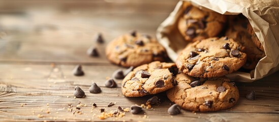 A bag of chocolate chip cookies with a visible bite mark placed on a wooden table, in a setting suitable for a copy space image.