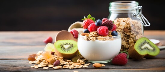 Fototapete - Balanced breakfast concept featuring homemade granola muesli ingredients on a table with a copy space image.