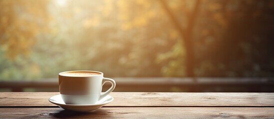 Poster - A coffee cup on a wooden table with copy space image.