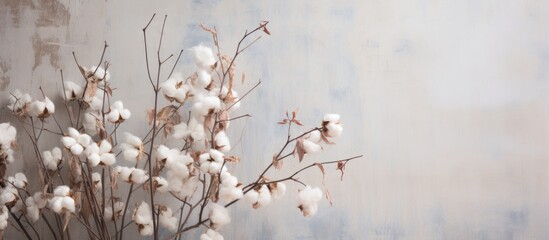 Poster - Dried branches adorned with cotton flowers against a white brick wall creating a blurry floral background with copy space image in a close-up view.