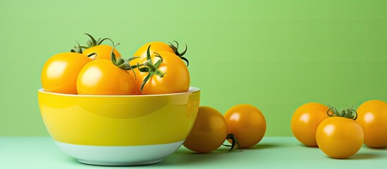 Wall Mural - Yellow tomatoes in a white bowl on a green background with copy space image.