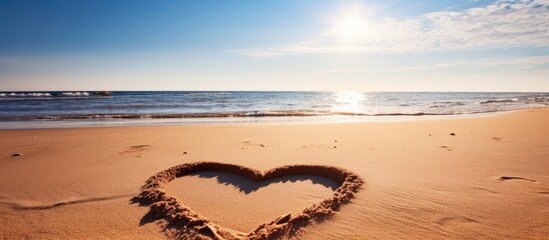 Poster - Heart drawn on sandy beach shore by the sea with copy space image.