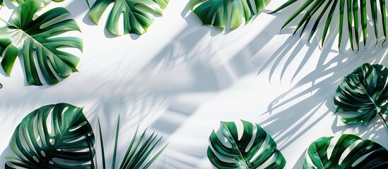 Poster - Artistic arrangement of vibrant tropical leaves on a white backdrop illuminated by sunlight, casting shadows - capturing a minimalist summer vibe with copy space image.