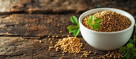 Poster - White bowl containing fenugreek placed on a brown wood backdrop, ideal for health-related content like healthy eating, ayurveda, and naturopathy, with space for additional images.