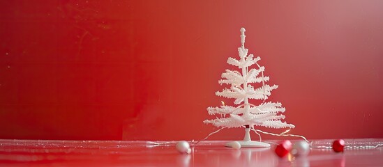 Poster - Shot intentionally made blurry. A small white Christmas tree stands on a red table. The tree is decorated with chains of light, small white and large red balls. with copy space image