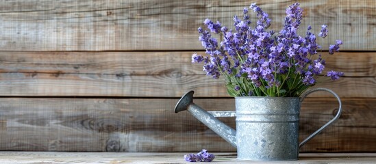Aufkleber - Copy space image featuring a wooden background with a watering can filled with delicate lavender flowers.