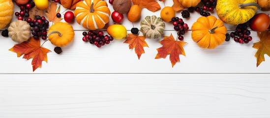 Poster - Autumn-themed decoration with pumpkins, berries, and leaves arranged on a white wooden backdrop, evoking Thanksgiving or Halloween. A flat lay composition with ample copy space image.