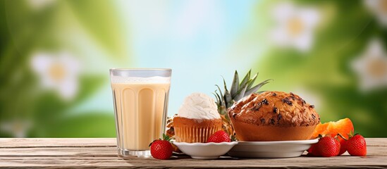 Poster - Breakfast table with a boiled egg, raisin and coconut muffin, fruit juice, and honey on a wooden background with copy space image available.