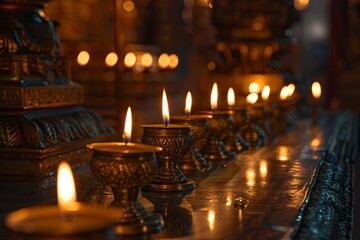 Wall Mural - Row of lit candles in ornate holders, creating a spiritual atmosphere in a temple or place of worship. Concept of faith, hope, prayer, and remembrance.