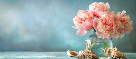 Poster - Pink Peonies in vase and shell decorations. with copy space image. Place for adding text or design