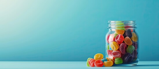 Poster - Blue background with a jar of assorted jelly candies, offering copy space in the scene.