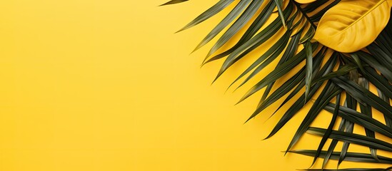 Aufkleber - Top view of tropical palm leaves on a sunny yellow backdrop creating a summery vibe with a flat lay style and ample copy space image.