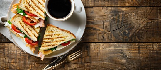 Poster - Top-down view of a breakfast meal comprising a club sandwich, coffee cup, and space for additional images or text.
