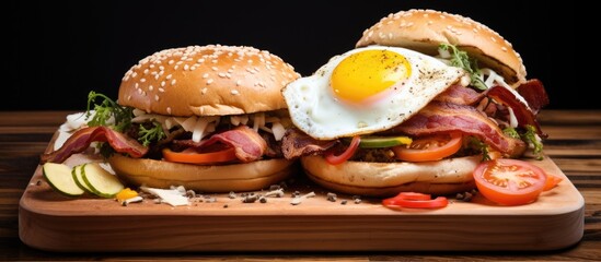 Poster - Wooden chopping board with cheese bacon burgers and eggs inside, displaying various spice flavors in a copy space image.