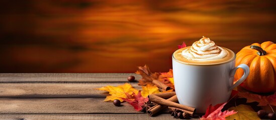 Poster - A pumpkin spice latte with cinnamon powder and delightful flavors displayed on an aged wooden surface surrounded by vibrant autumn leaves and pumpkins, with copy space image available.