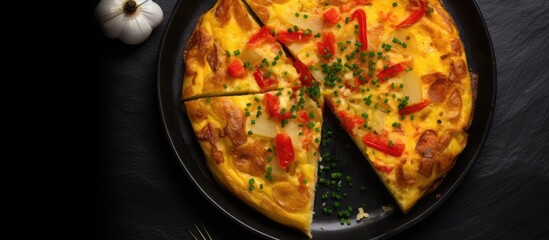 Aufkleber - Top view of a Spanish potato omelette tortilla presented in a pan, set against a black background, with ample copy space image.