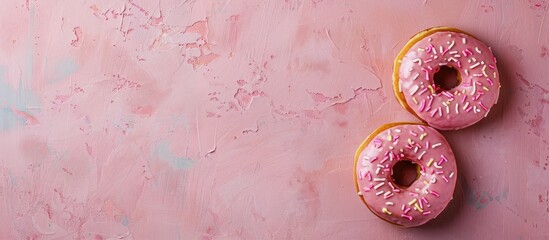 Fototapete - Two donuts displayed on a pink background with space for text or graphics to be added; ideal for creative use as a copy space image.