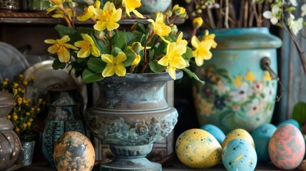 Charming Easter décor featuring vibrant yellow spring blossoms in antique planters complemented by colorful Easter eggs.