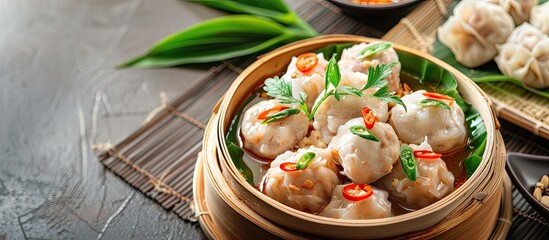 Indonesian traditional siomay is a delightful steamed fish dumpling served with a flavorful peanut sauce, perfect for a copy space image.