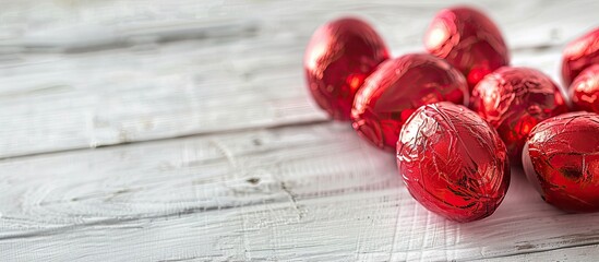 Aufkleber - Easter eggs wrapped in red foil displayed on a white wooden table with copy space image.