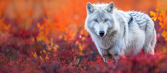 Poster - An Arctic wolf roaming through the autumn landscape in a copy space image.