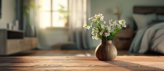 Poster - Bedroom setting with a table top in focus and a blurred background, perfect for a copy space image.