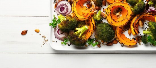 Poster - Rustic autumn pumpkin dish with grilled spices, olive oil, herbs, broccoli, and onions on a baking sheet. White wooden background from a top view with a copy space image.