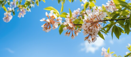 Leinwandbilder - Chinaberry tree's (Melia azedarach) leaves and flowers in spring against a blue sky backdrop, with a clear area for text in the image. . with copy space image. Place for adding text or design