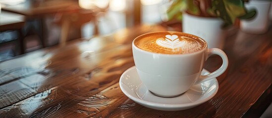 Poster - Coffee latte close-up in a cafe, suitable for a website header design with space for text. with copy space image. Place for adding text or design
