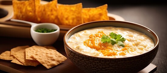 Aufkleber - Delicious Asian cuisine, featuring salted egg yolk fish skin crisps and a comforting bowl of congee, presented with a background perfect for adding text or graphics - copy space image.