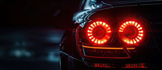 Wall Mural - Car rear lights illuminated against a black background with copy space image.