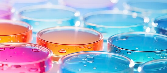 Aufkleber - Close-up view of petri dishes containing liquid samples, a pipette, on a colorful background, providing copy space image.